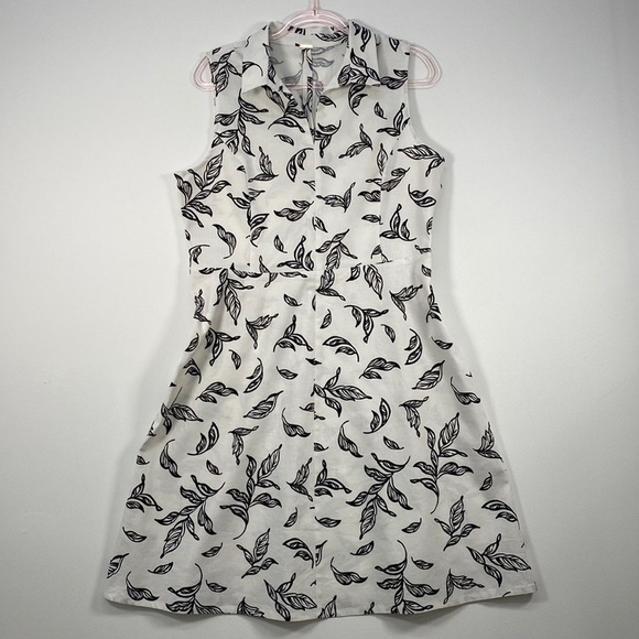 T Tahari Linen Blend Fit & Flare Sleeveless Dress Women's M Leaf Print White - Picture 1 of 13